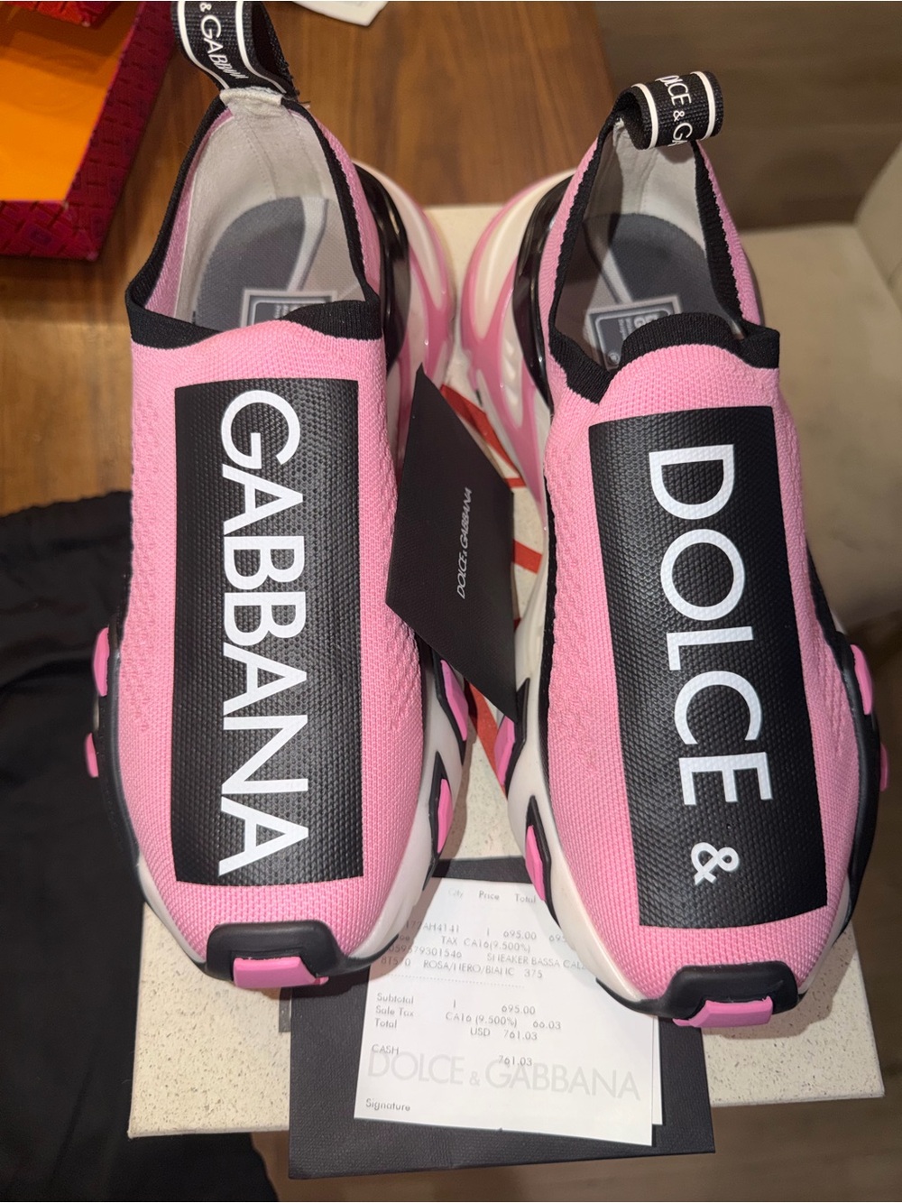 Dolce & Gabbana Pink and Black Logo Slip-On Sneakers
